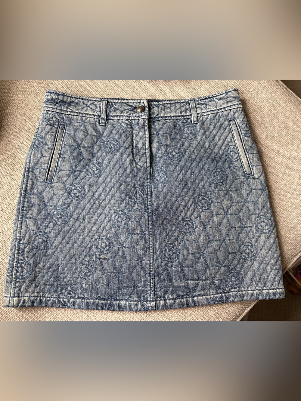 CHANEL Jean Blue Quilted Denim Mini Skirt with Logo Motif